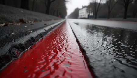 Rainy street scene with wet pavement and red curbの写真素材