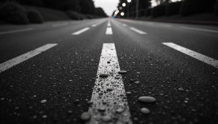 Close-up perspective of road surface with water droplets and markingsの写真素材