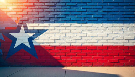 Red White Blue Star Brick Wall Texture Background Imageの写真素材