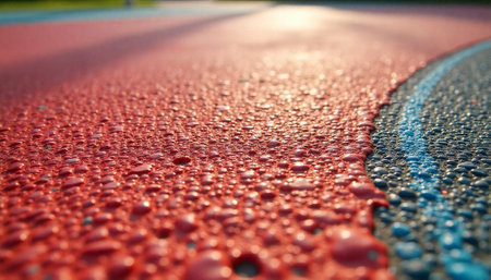 Abstract textured red and blue athletic track surface closeupの写真素材