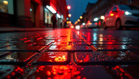 Urban wet street at night with city lights reflectionの写真素材