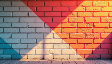 Colorful painted brick wall with geometric shadow and wood floorの写真素材