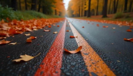Autumn road with leaves fall, moody fall background.の写真素材