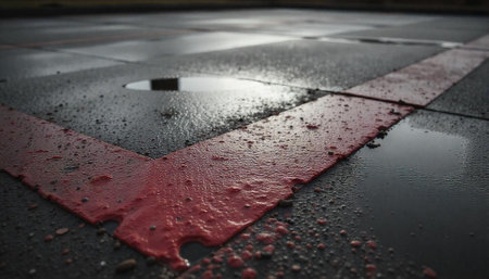 Wet pavement background with red lines and puddlesの写真素材