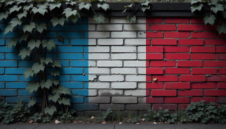 French flag painted on brick wall with vine growthの写真素材