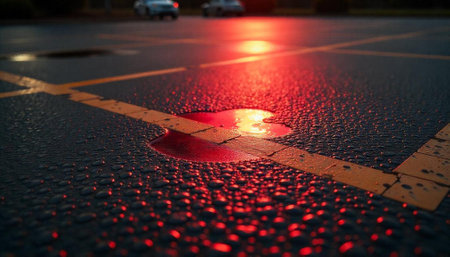 Reflective Red Puddles on Asphalt Parking Lot at Nightの写真素材