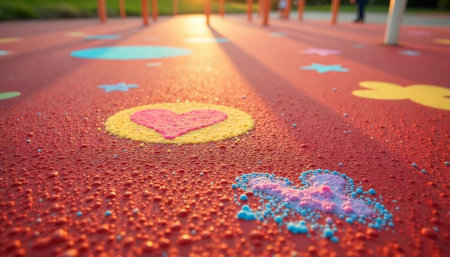 Playful playground surface with colorful shapes and sunlight flareの写真素材