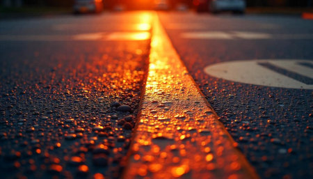 Golden sunset light reflections on an asphalt road surfaceの写真素材