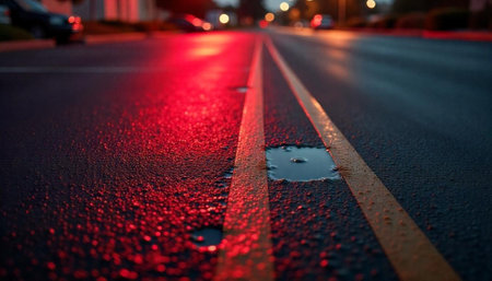 Wet road reflecting red lights at twilight timeの写真素材