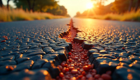 Cracked road perspective with sunlight and pebbles detailの写真素材