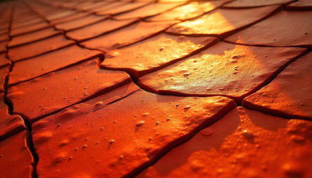 Sunlit Orange Terracotta Roof Tiles with Textured Surfaceの写真素材