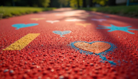 Colorful playground path featuring painted shapes, love and joyの写真素材
