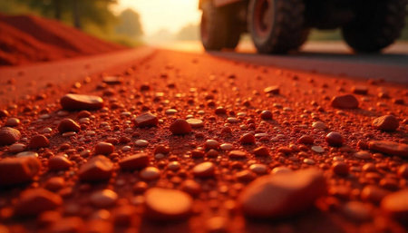 Red rock road with machinery in background at sunsetの写真素材