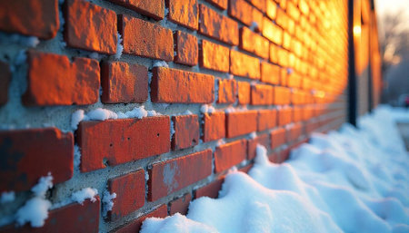 Warm sunlight hitting red brick wall covered in snowの写真素材