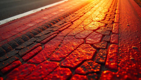 Red paved street surface reflecting bright sunlight at golden hourの写真素材