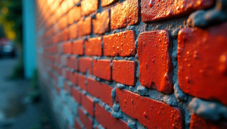 Textured brick wall with sunlight casting warm light patternsの写真素材