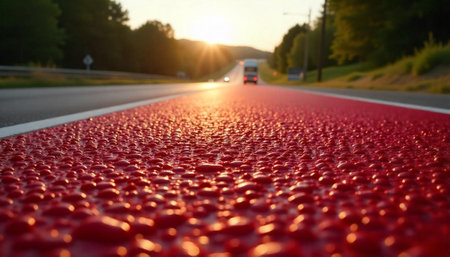 Sunlit red asphalt road with water drops and blurred trafficの写真素材