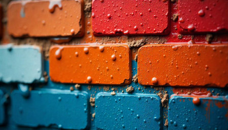 Colorful brick wall texture with water drops close-upの写真素材