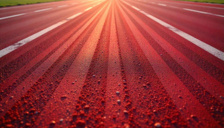 Red running track surface with white lines leading to horizonの写真素材