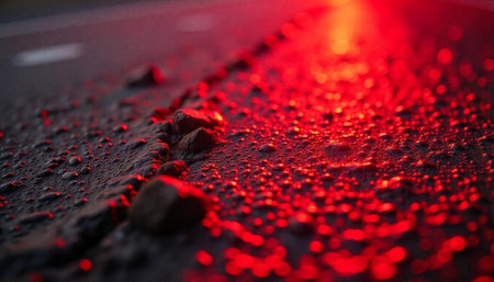 Macro shot of wet asphalt road illuminated by red lightの写真素材