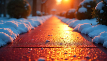 Pathway illuminated by sunset with snow on either sideの写真素材