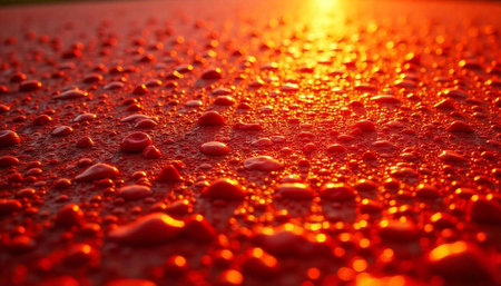 Macro shot of water droplets on a vibrant red surfaceの写真素材