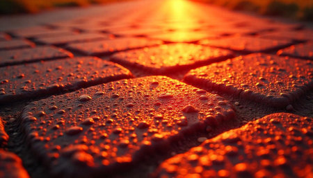 Wet cobblestone path reflecting vibrant sunset light glowの写真素材