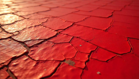 Cracked red paint surface creates abstract pattern landscapeの写真素材