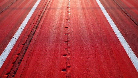 Red running track lanes with white dividing lines patternの写真素材