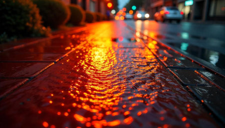 Rainy street reflecting city lights on the wet pavementの写真素材