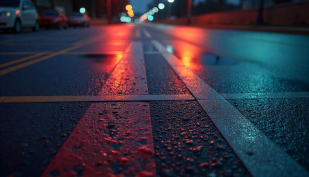 Wet city street at night with light reflectionsの写真素材