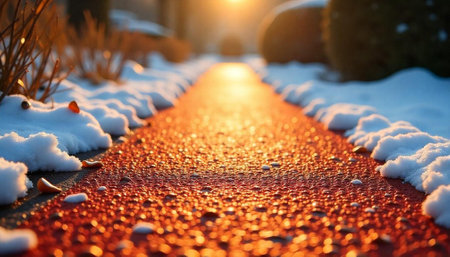 Warm Sunlight Illuminating a Path in a Snowy Landscapeの写真素材