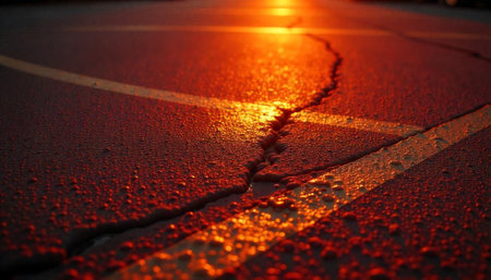 Golden hour asphalt road with crack and marking linesの写真素材