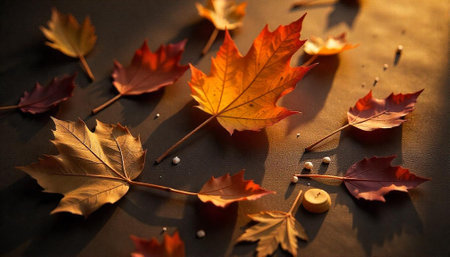 Autumnal leaves scattered on a table in warm lightの写真素材