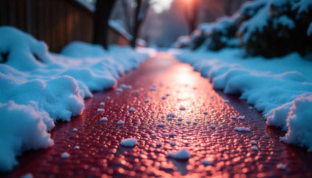 Red path through snow at winter sunset lightの写真素材