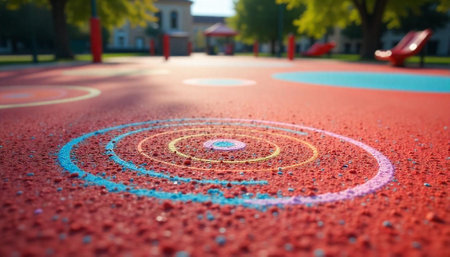 Playground surface with chalk circle drawing and blurred backgroundの写真素材