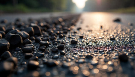 Asphalt and rock detail with blurred background and sunsetの写真素材