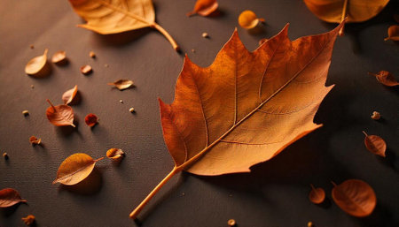 Autumn leaves scattered on a dark textured surface, season changeの写真素材