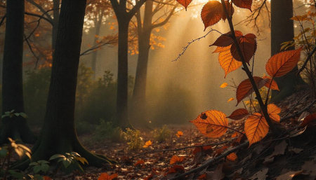 Autumn forest with sunlight peeking through the treesの写真素材