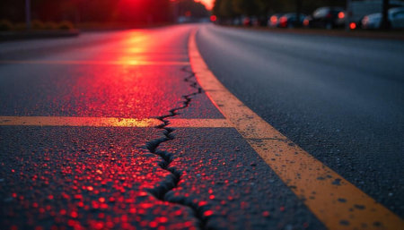 Cracked Asphalt Road at Sunset with Vibrant Colorsの写真素材
