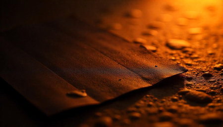 Abstract orange backdrop with sheet of material and dropsの写真素材