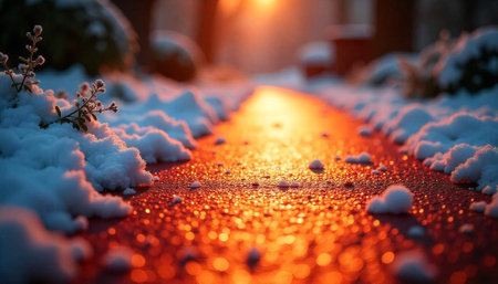 Golden light reflects on snow covered path in winterの写真素材