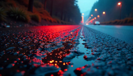 Wet highway at twilight reflecting warm and cool colorsの写真素材