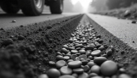 Monochrome image of pebbles filling a roadside ditchの写真素材