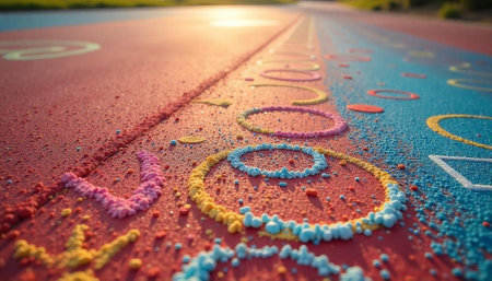 Colorful childrens playground surface with drawn shapes at ground levelの写真素材
