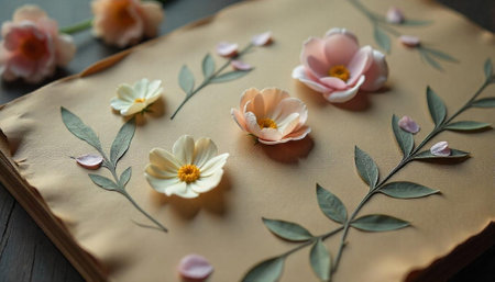 Elegant flower arrangement on vintage paper with pastel blossomsの写真素材