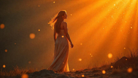 Woman bathed in golden light stands on a hillの写真素材