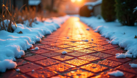 Red brick walkway with snow at sunset after snowstormの写真素材