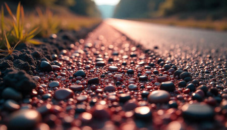Ground level view of road with pebbles at sunsetの写真素材