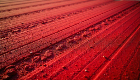 Bright red corrugated surface with pebbles casting light shadowsの写真素材